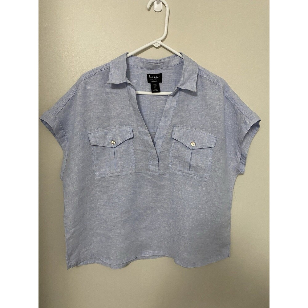 Nicole Miller Linen Short Sleeve Blouse Womens Size L Light Blue V-Neck Utility
